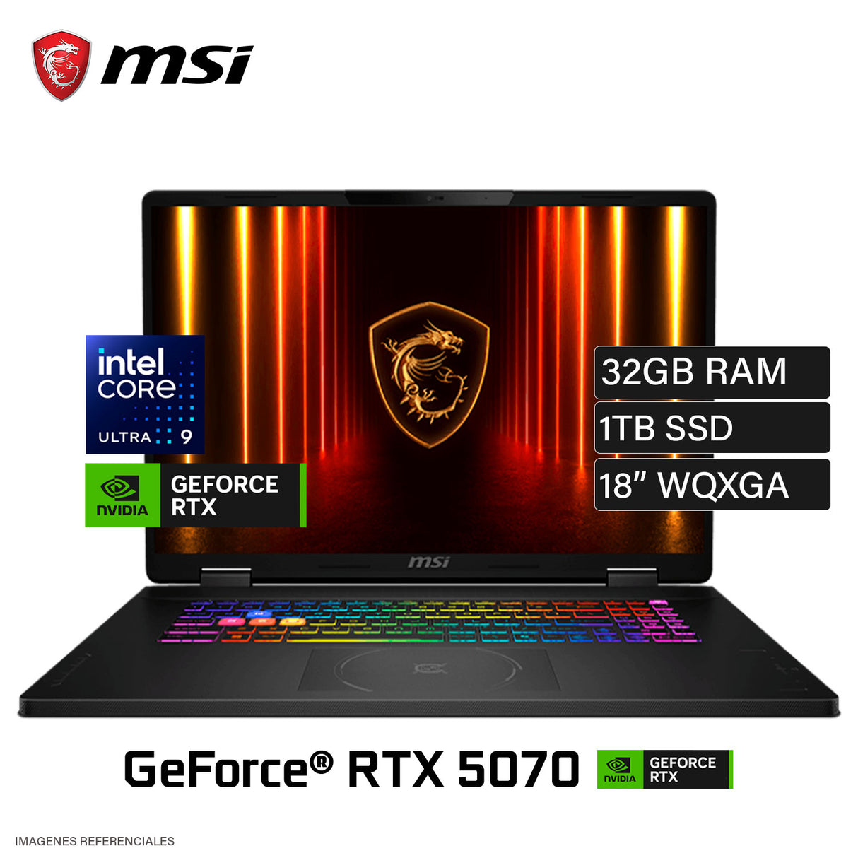 Laptop MSI 18 HX AI A2XWGKG-012US Intel Core Ultra 9 275HX RAM 32 GB Disco 1 TB SSD NVIDIA RTX 5070 8 GB 18" WQXGA Windows 11 (9S7-184111-045)