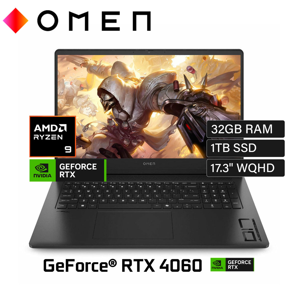 Laptop HP Omen 17-DB0009LA Ryzen 9 8945HS RAM 32GB Disco 1TB SSD Video RTX 4060 8GB 17.3" WQHD Windows 11 (A14RDLA#ABM)
