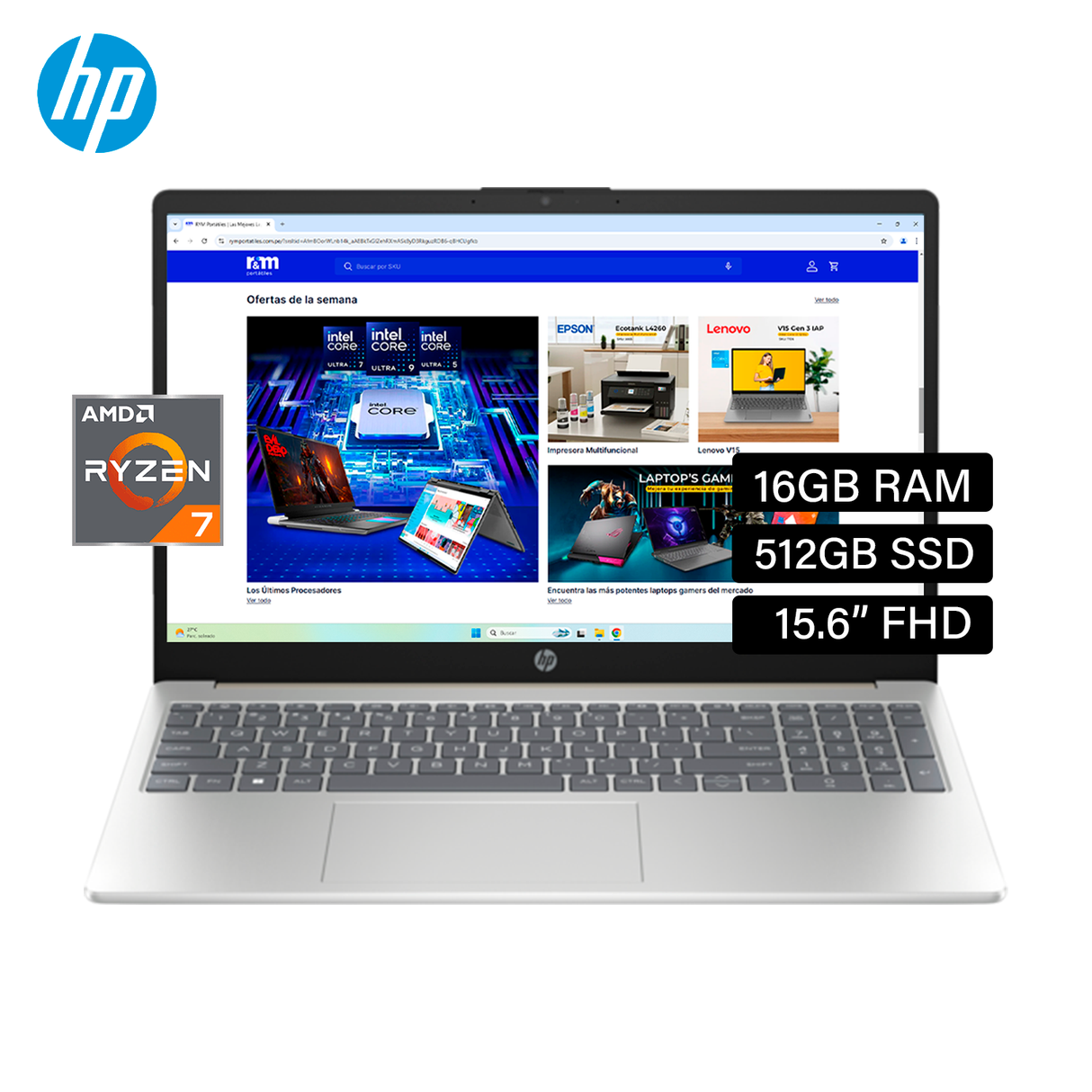 Laptop HP 15-FC0034LA Ryzen 7 7730U RAM 16GB Disco 512GB SSD 15.6" FHD Windows 11 802N1LA#ABM