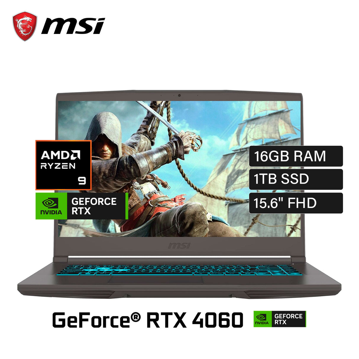 Laptop MSI THIN A15 AI B8VF-270US Ryzen 9 8945HS RAM 16GB Disco 1TB SSD Video Nvidia RTX 4060 8GB 15.6" FHD Windows 11 (9S7-16RK11-270)