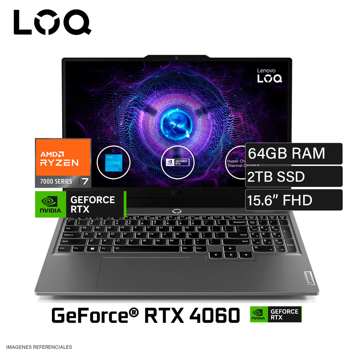 Laptop Lenovo LOQ 15ARP9 Ryzen 7 7435HS Ram 64GB Disco 2TB SSD Video Nvidia RTX 4060 8GB 15.6" FHD Freedos (83JC008FLMR642) Teclado retroiluminado Blanco
