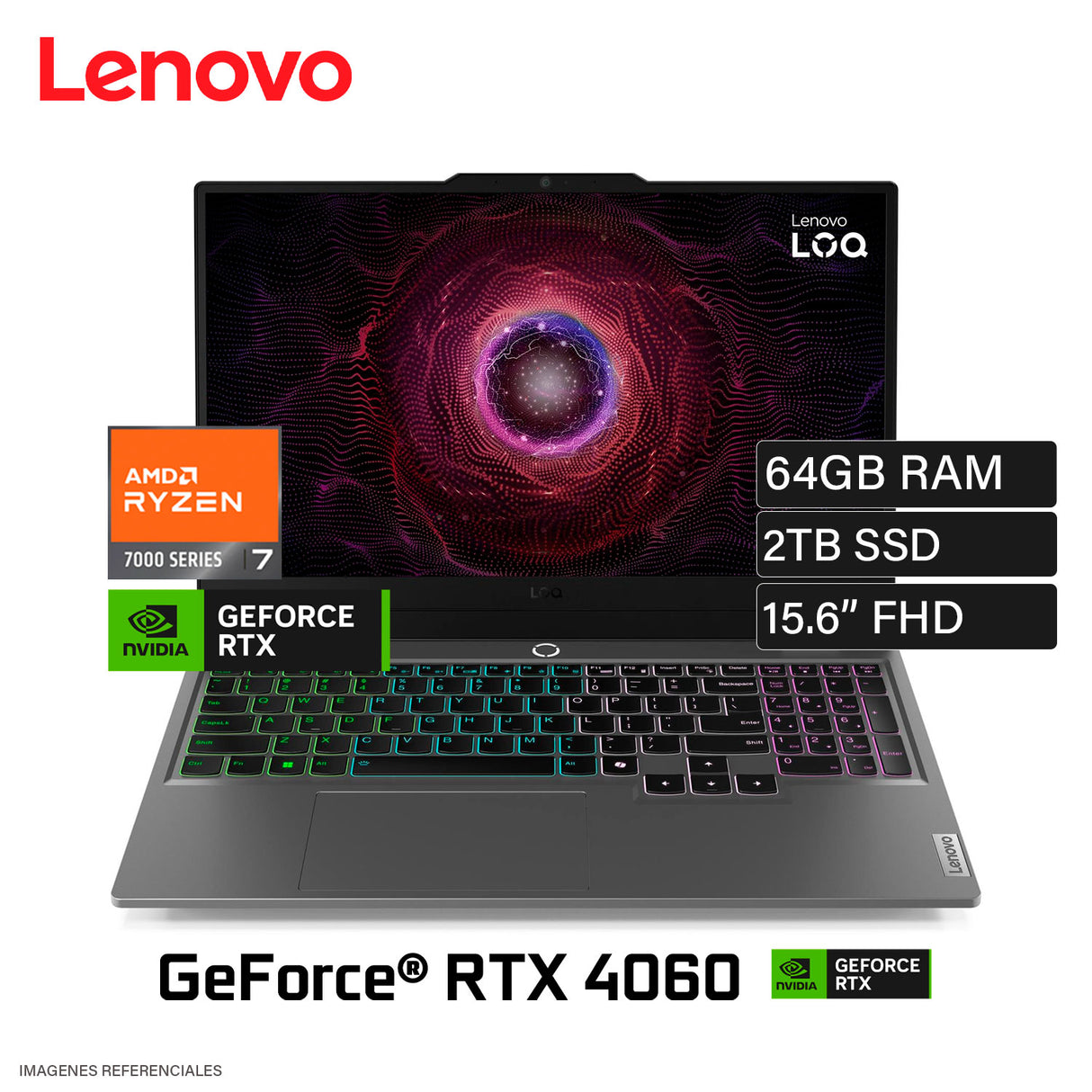 Laptop Lenovo LOQ 15ARP9 Ryzen 7 7435HS Ram 64GB Disco 2TB SSD Video Nvidia RTX 4060 8GB 15.6" FHD (83JC008FLMR642) Teclado retroiluminado Blanco