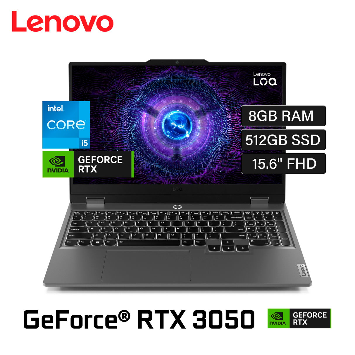 Laptop Lenovo LOQ 15IRX9 Intel Core i5 12450HX RAM 8GB Disco 512GB SSD Video Nvidia RTX 3050 6GB 15.6" FHD FreeDos