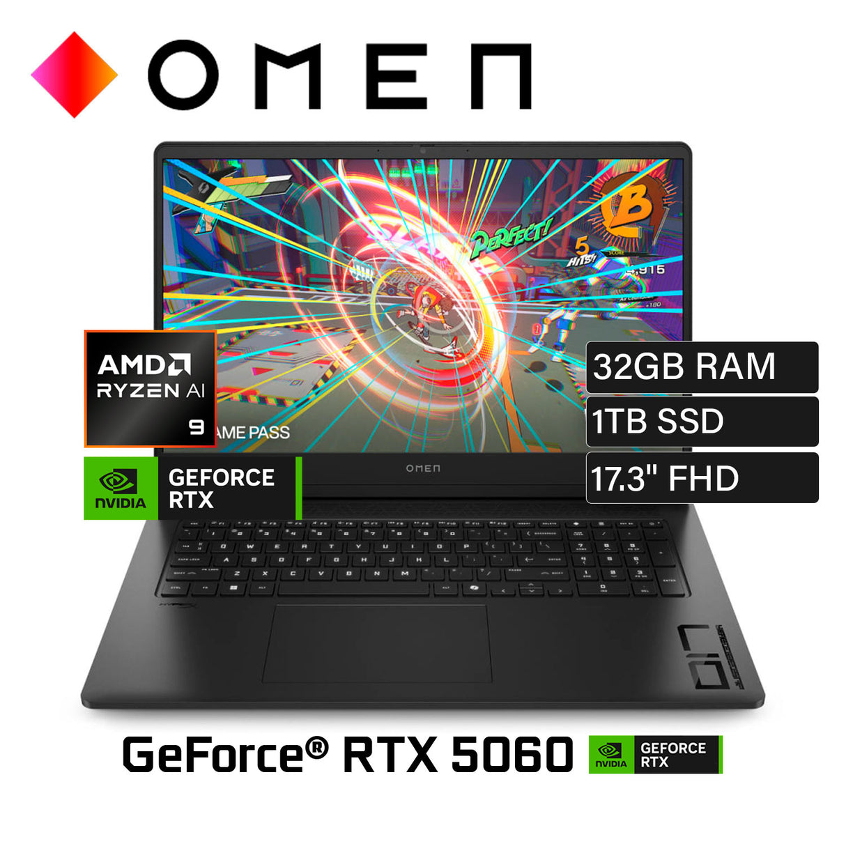 Laptop HP OMEN Gaming 17-DB1095CL Ryzen AI 9 365 Ram 32GB Disco 1TB SSD NVIDIA RTX 5060 8GB 17.3" FHD Windows 11 (B96L2UA#ABA)
