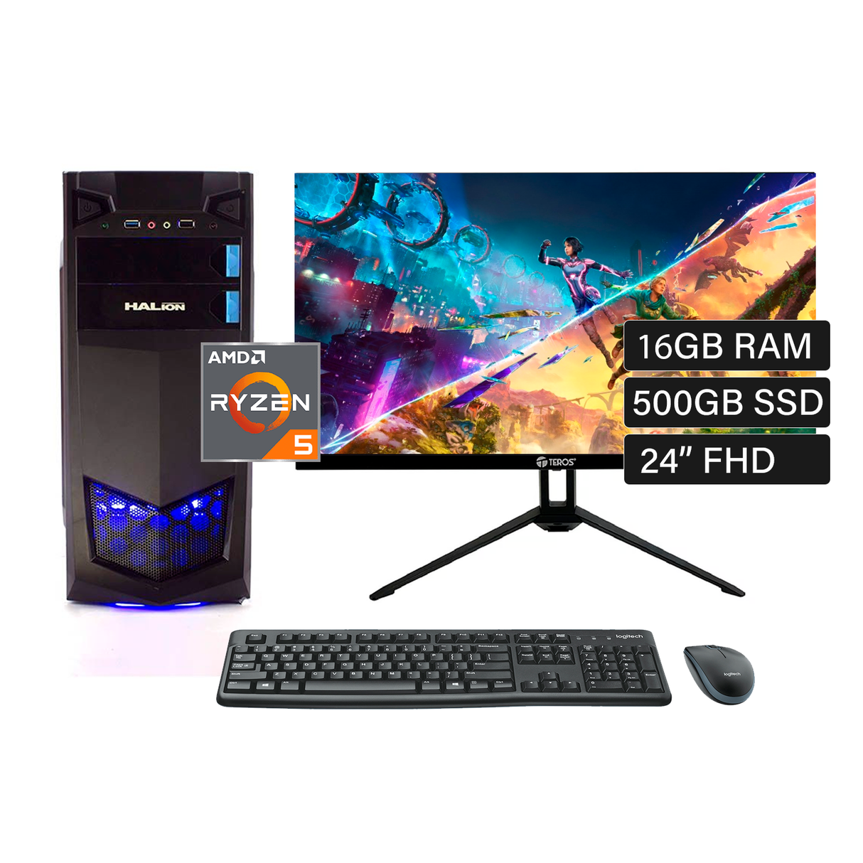 PC Escritorio Amd R5 5600GT Ram 16GB Disco 500GB SSD Monitor Teros TE-2415S 24" FHD + Kit Logitech