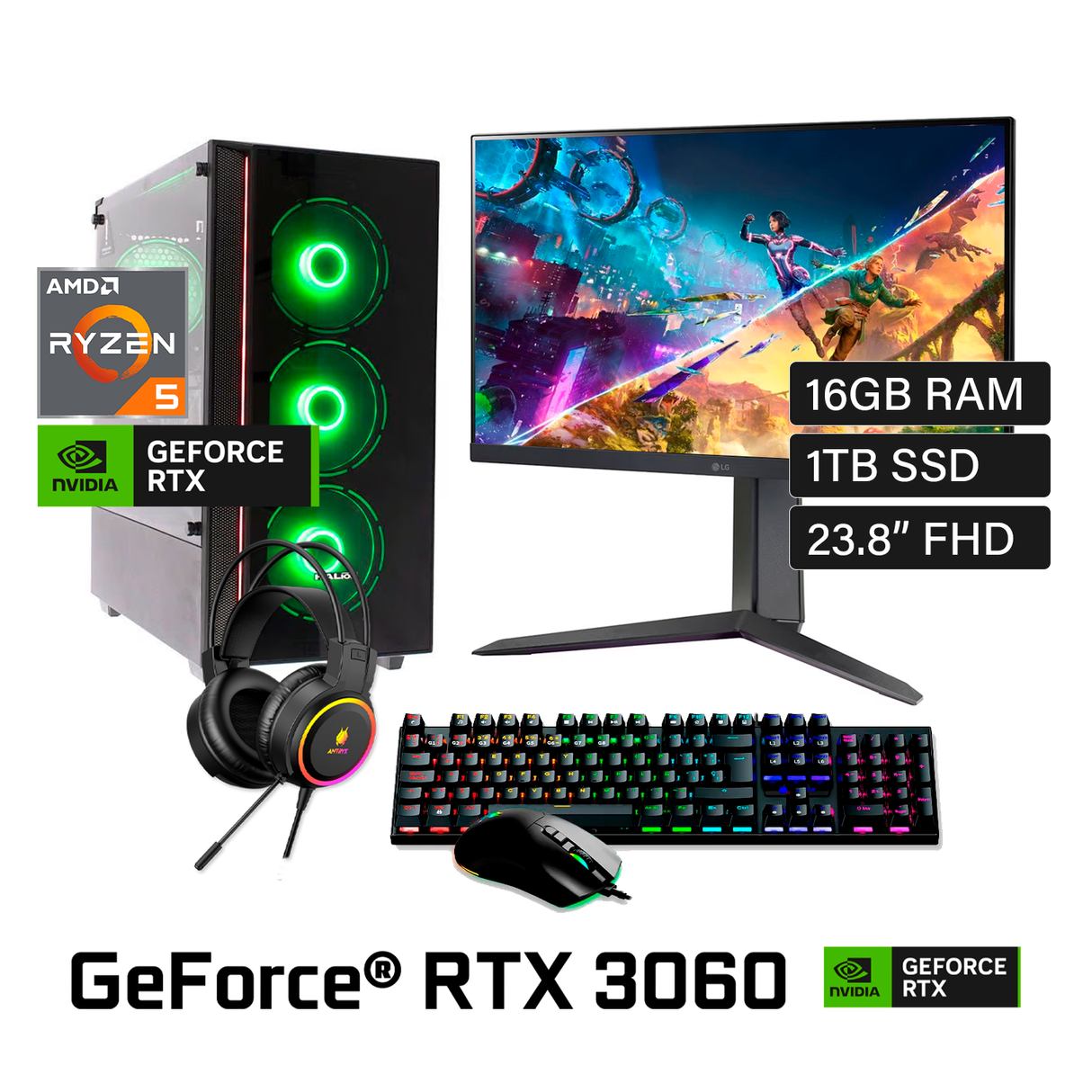 PC Escritorio Amd R5 5600X Ram 16GB Disco 1TB SSD Video Nvidia RTX 3060 12GB Monitor LG 24GS65F-B 24" FHD + Kit Gaming Antryx