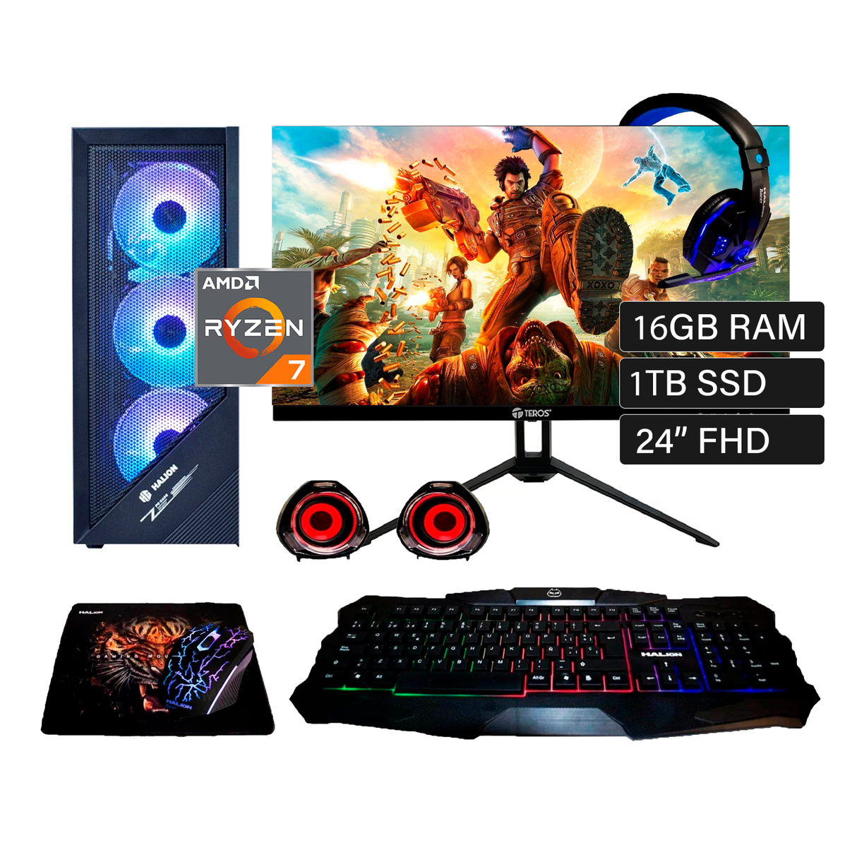 PC Escritorio Amd R7 5700G Ram 16GB Disco 1TB SSD Monitor Teros TE-2415S 24" FHD + Kit Racer HA-830C