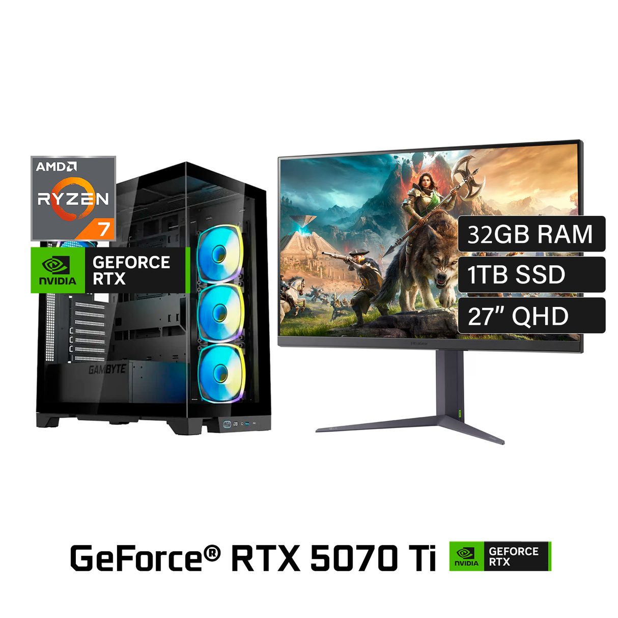 PC Escritorio Amd R7 9700X Ram 32GB Disco 1TB SSD Video Nvidia RTX 5070 Ti 16GB Monitor LG 27GS75Q 27" QHD