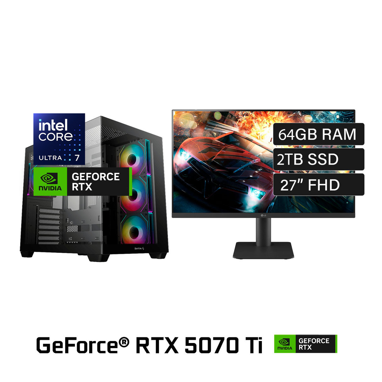 PC Gamer Intel Core Ultra 7 265K Ram 64GB Disco 2TB SSD Video RTX 5070 Ti 16GB Monitor LG 27" FHD Windows 11