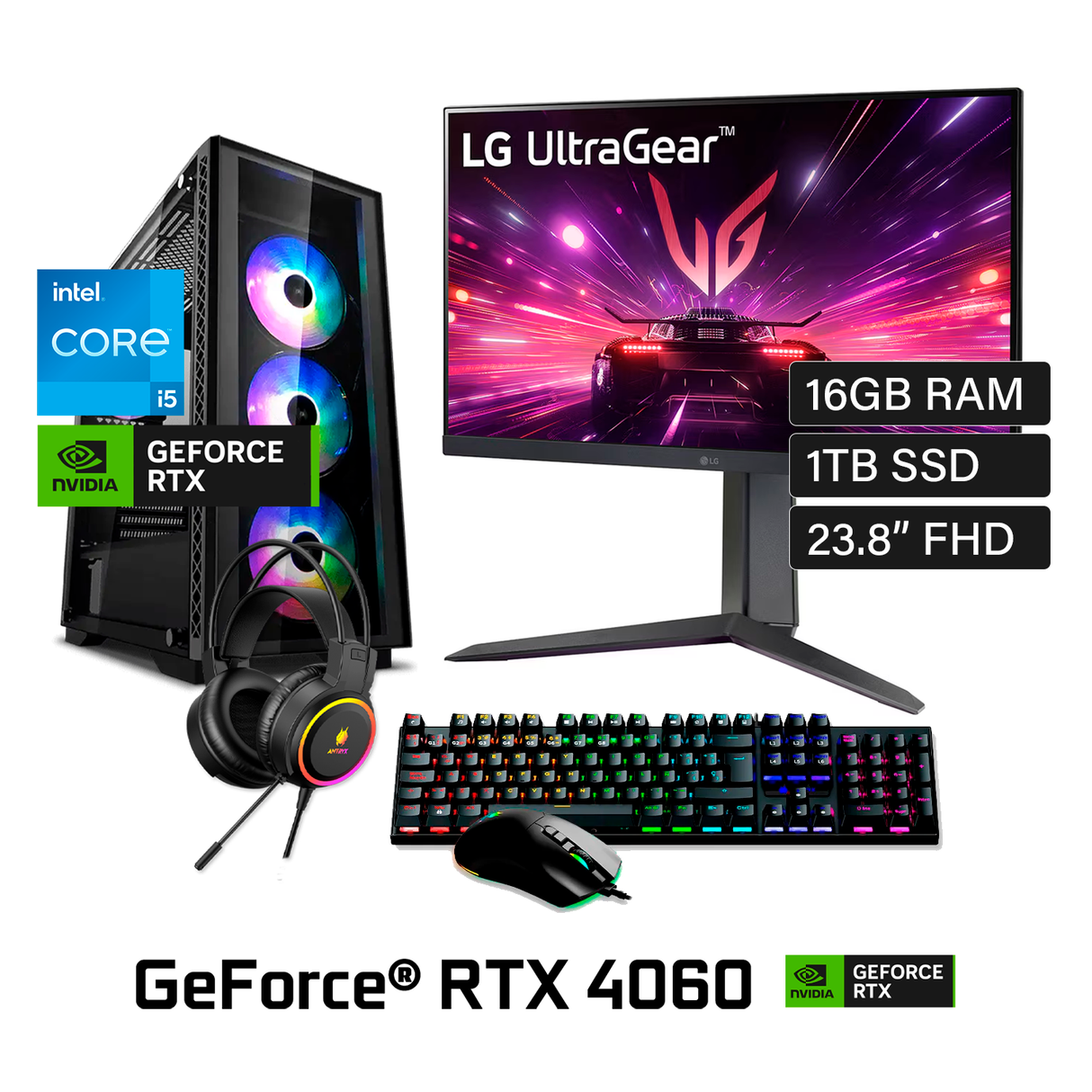 PC Escritorio Intel Ci5 12400F Ram 16GB Disco 1TB SSD Video Nvidia RTX 4060 8GB Monitor LG 24GS65F-B 24" FHD + Kit Gaming Antryx