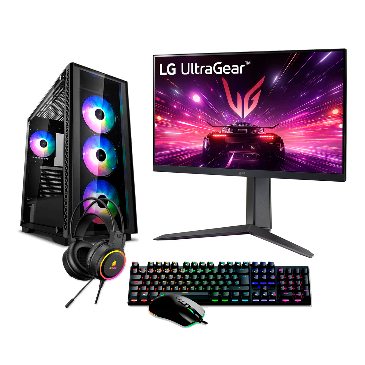 PC Escritorio Intel Ci5 12400F Ram 16GB Disco 1TB SSD Video Nvidia RTX 4060 8GB Monitor LG 24GS65F-B 24" FHD + Kit Gaming Antryx