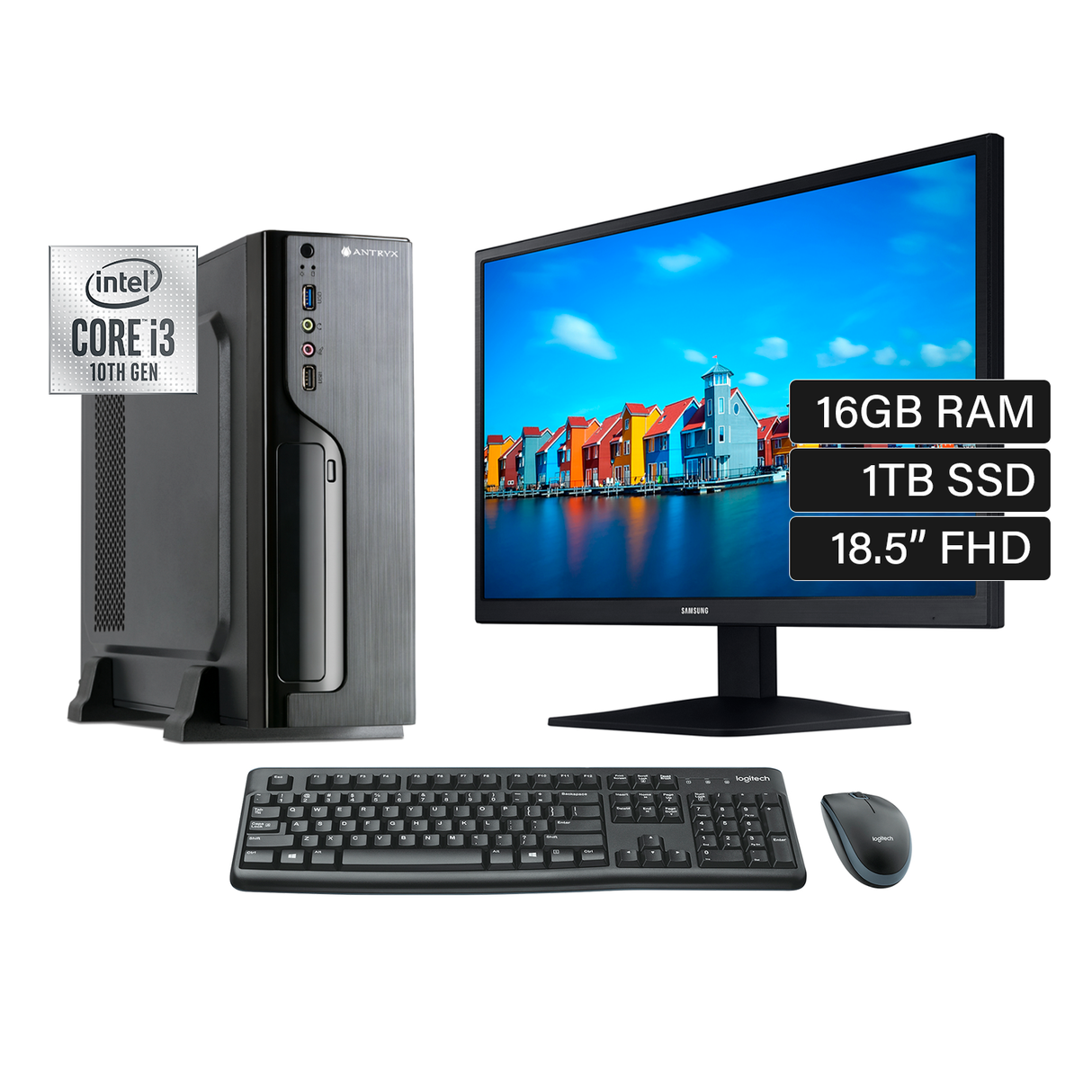 PC Escritorio Intel Ci3 10105 Ram 16GB Disco 1TB SSD Monitor 18.5" HD + Kit Logitech MK120