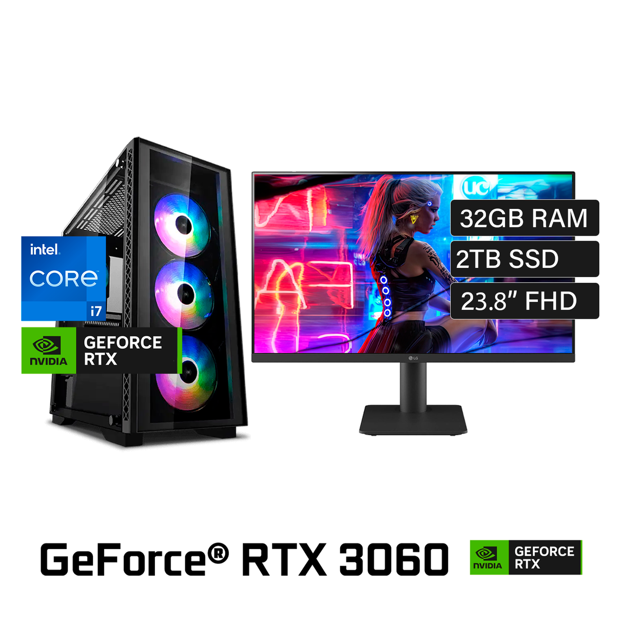 PC Escritorio Intel Ci7 13700F Ram 32GB Disco 2TB SSD Video RTX 3060 12GB Monitor LG 24MS500-B 23.8" FHD