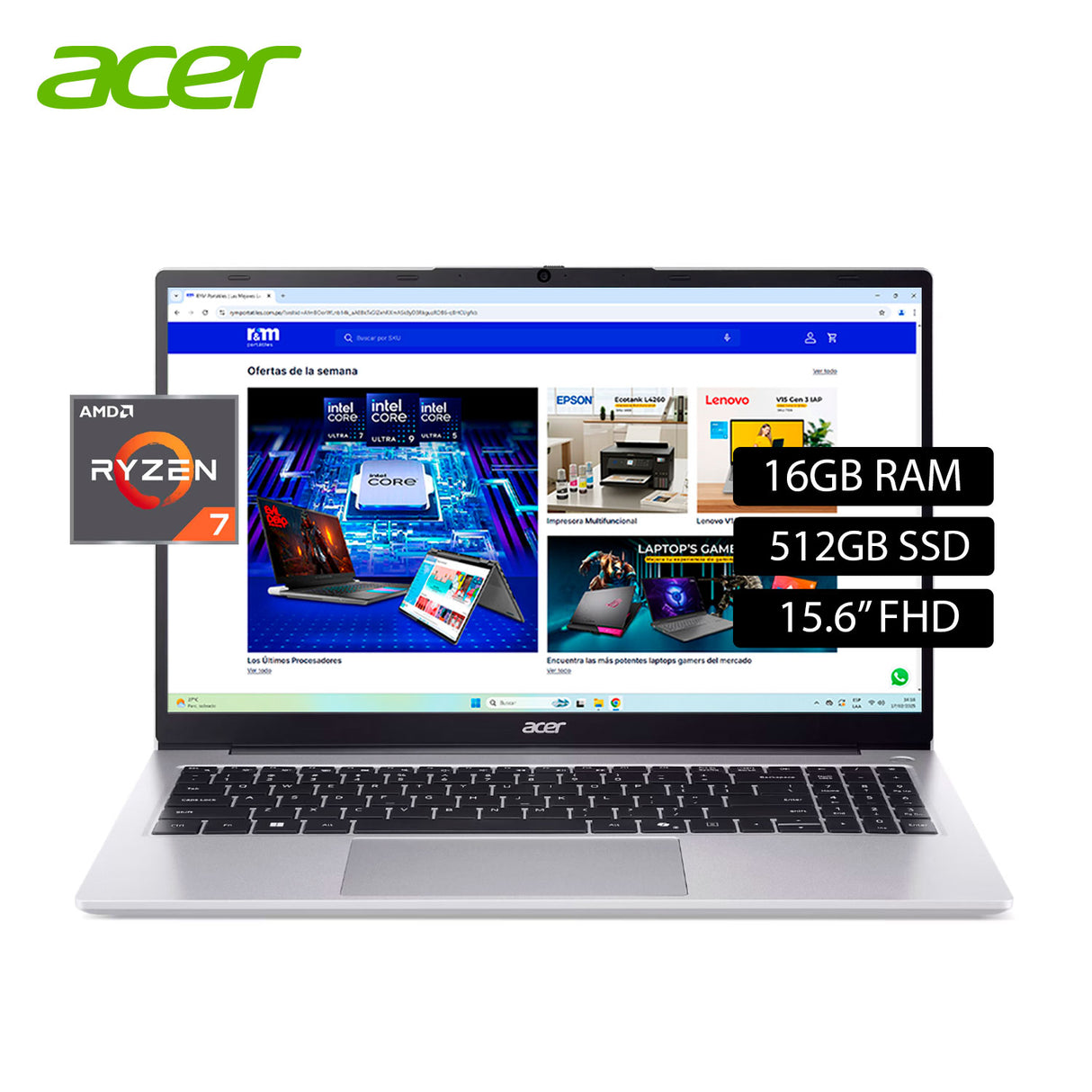Laptop Acer Aspire Lite AL15-41P-R27P Ryzen 7 5700U Ram 16GB Disco 512GB SSD 15.6" FHD FreeDos (NX.J98AL.003)