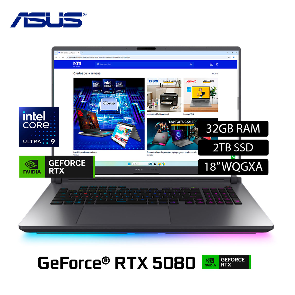Laptop Asus Rog Strix G815LW-G18.U95080 Intel Core Ultra 9 275HX Ram 32GB Disco 2TB SSD Nvidia RTX 5080 16GB 18" WQGXA Windows 11 (90NR0LC1-M00460)