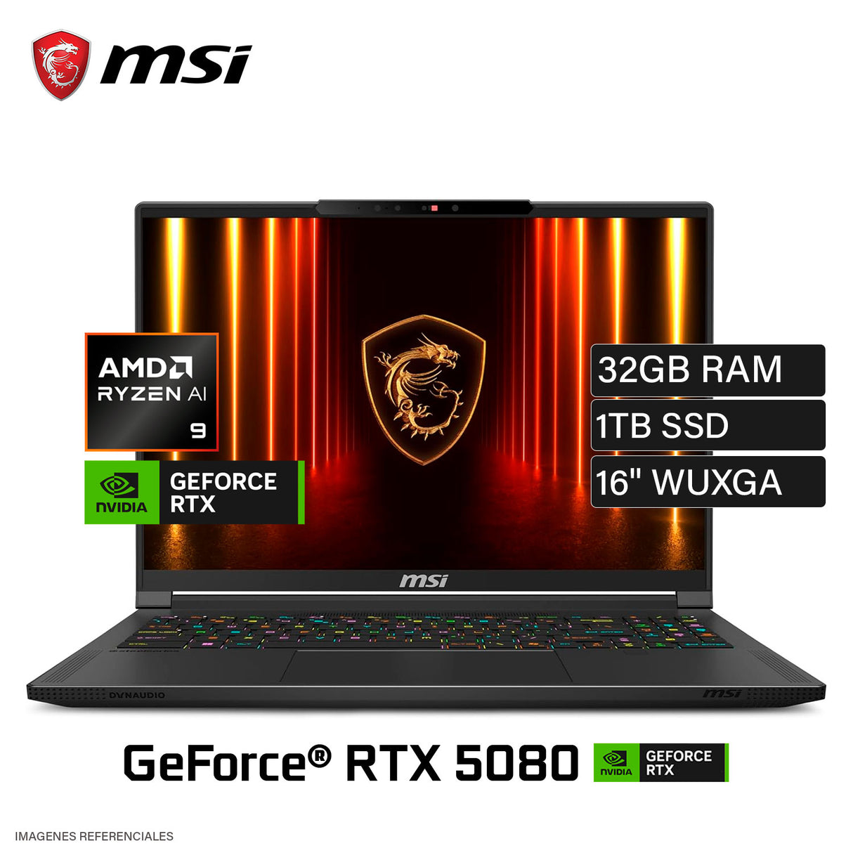 Laptop MSI Stealth A16 AI+ A3HWIG Ryzen AI 9 365 RAM 32GB Disco 1TB SSD NVIDIA RTX 5080 16GB 16" WQXGA Windows 11 (G57-N2A0629-Z19)