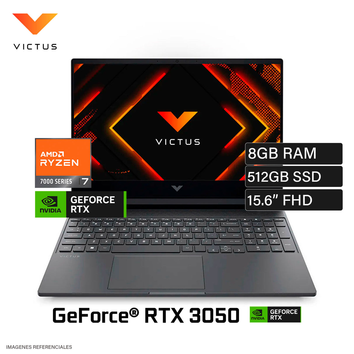 Laptop HP Victus 15-FB3019LA Ryzen 7 7445HS Ram 8GB Disco 512GB SSD Video NVIDIA RTX 3050 6GB 15.6″ FHD FreeDOS (BT4F6LA#ABM)