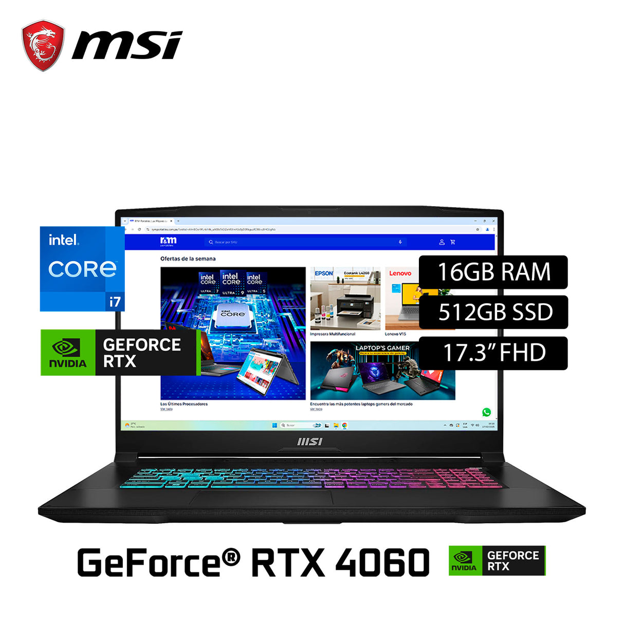 Laptop Msi Katana 17 B13VFK-1293PE Intel Core i7 13620H Ram 16GB Disco 512GB SSD Nvidia RTX 4060 8GB 17.3" FHD Windows 11 (9S7-17L541-193)