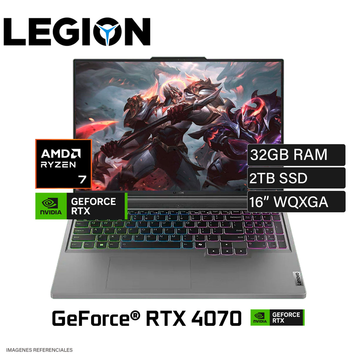 Laptop Lenovo Legion Slim 5 16AHP9 Ryzen 7 8845HS Ram 32GB Disco 2TB SSD Video Nvidia RTX 4070 8GB 16" WQXGA FreeDos (83DH0087LMR2T32)