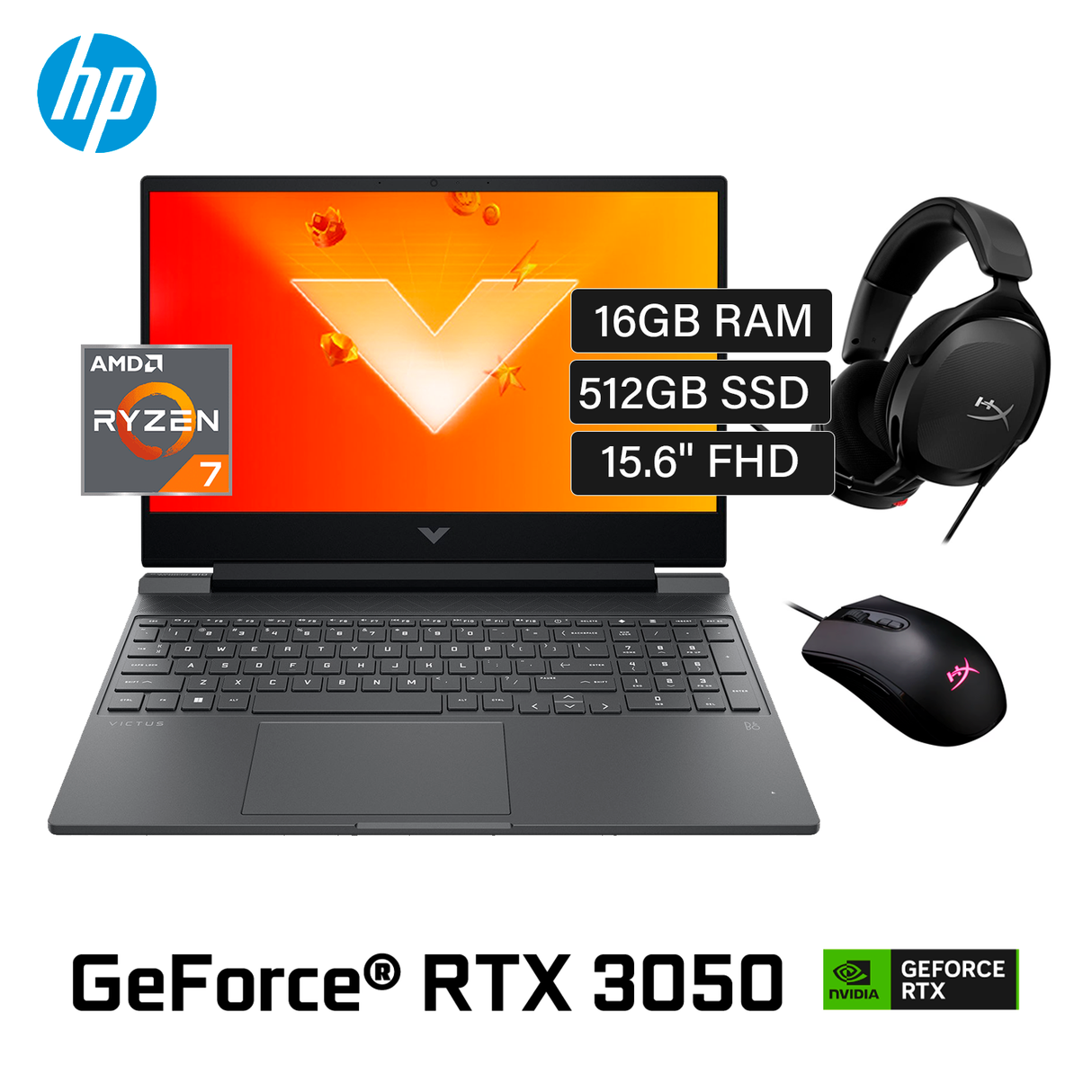 Laptop HP Victus 15-FB0126LA Ryzen 7 5800H Ram 16GB Disco 512GB SSD Video Nvidia RTX 3050 4GB 15.6" FHD Windows 11 + Mouse y Audífonos hyperx