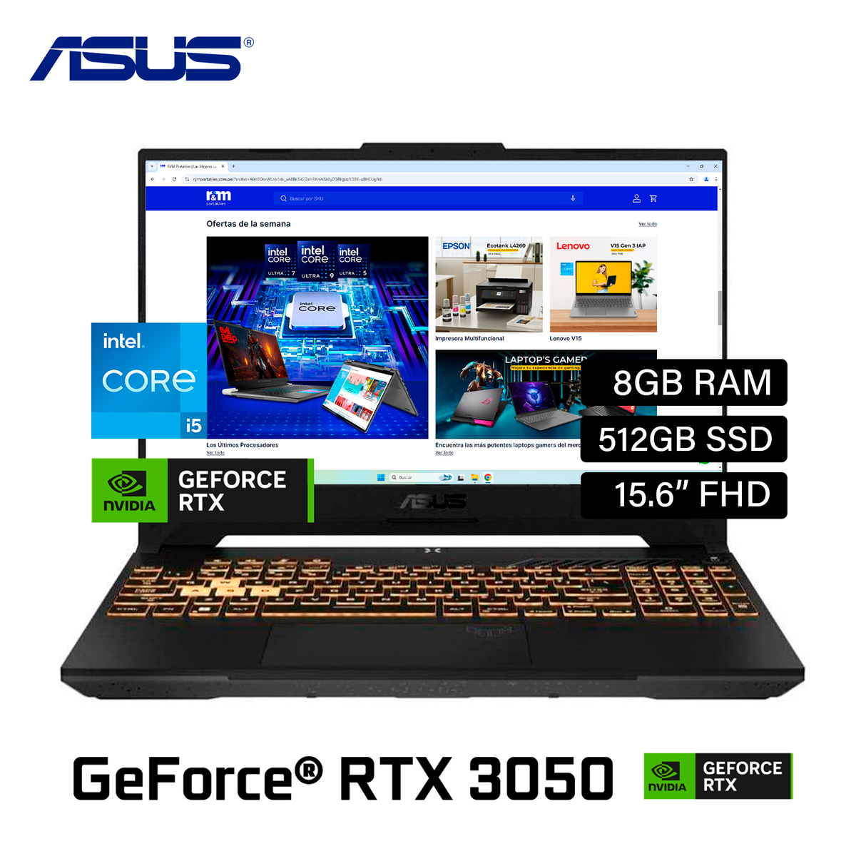 Laptop Asus TUF FX507ZC4-HN005 Intel Core i5 12500H Ram 8GB Disco 512GB SSD Video Nvidia RTX 3050 4GB 15.6" FHD FreeDos