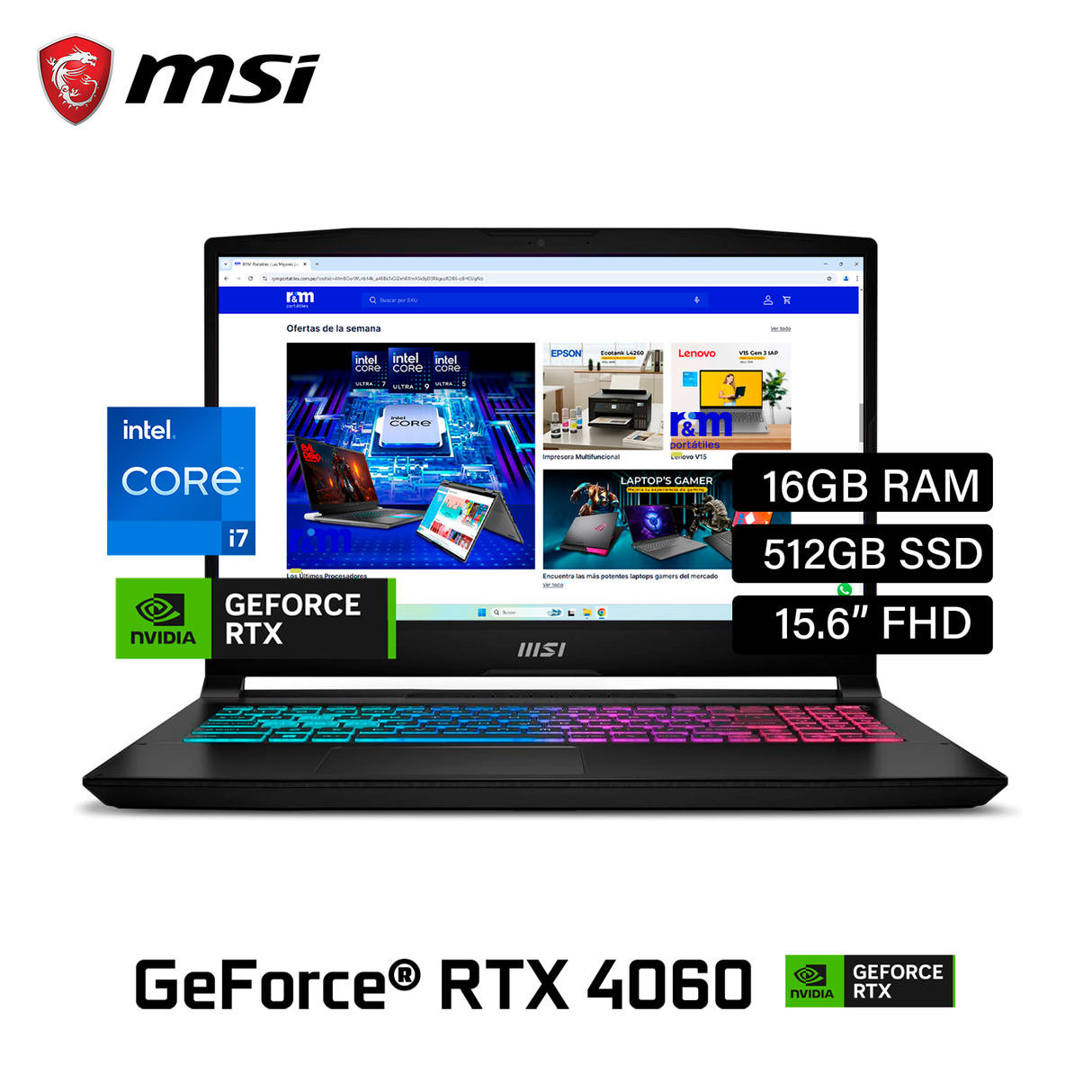 Laptop MSI Katana 15 B13VFK Intel Core i7 13620H RAM 16GB Disco 512GB SSD Video RTX 4060 8GB 15.6" FHD Windows 11