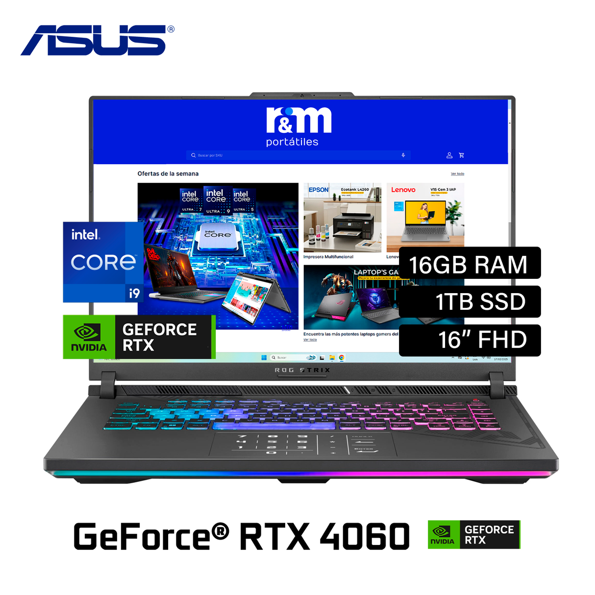 Laptop Asus ROG Strix G614JVR-N3063W Intel Core i9 14900HX RAM 16GB Disco 1TB SSD Video RTX 4060 8GB 16" FHD Windows 11 + Mochila Mouse Adaptador