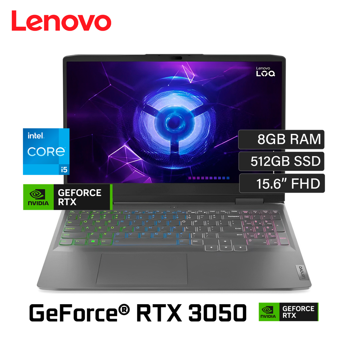 Laptop Lenovo LOQ 15IRH8 Intel Core i5 12450H RAM 8GB Disco 512GB SSD Video Nvidia RTX 3050 6GB 15.6" FHD Windows 11