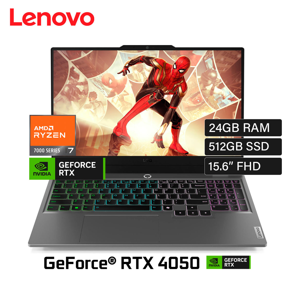 Laptop Lenovo LOQ 15ARP9 Ryzen 7 7435HS Ram 24GB Disco 512GB SSD Video Nvidia RTX 4050 6GB 15.6" FHD Freedos (83JC008GLM)