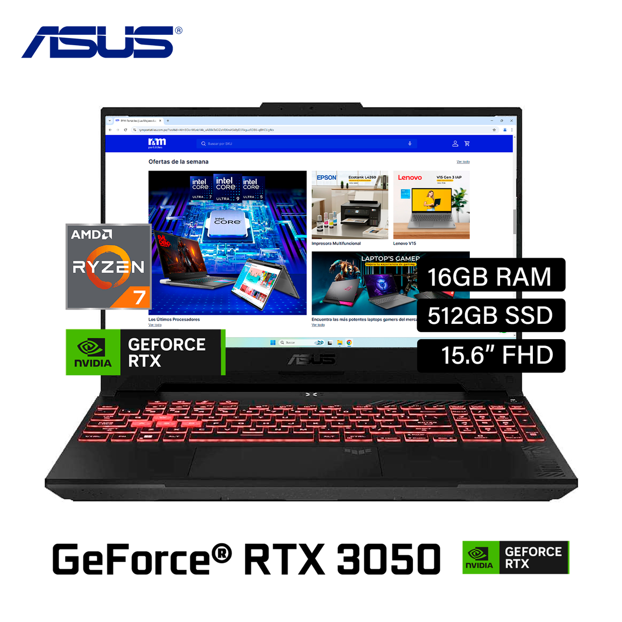 Laptop ASUS TUF Gaming FA506NCR-HN005W Ryzen 7 7435HS Ram 16GB Disco 512GB SSD Video Nvidia RTX 3050 4GB 15.6" FHD Windows 11