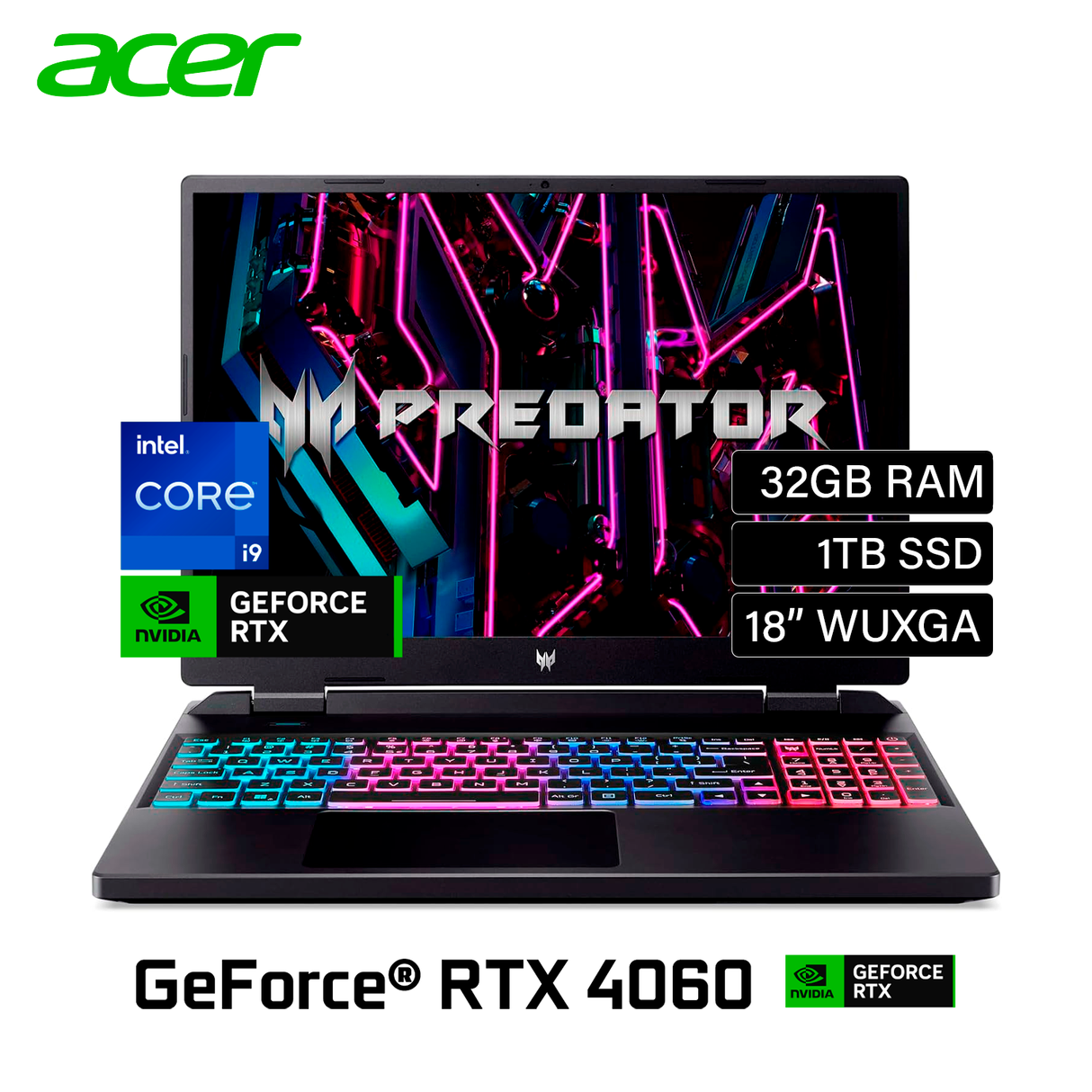 Laptop Acer Predator Helios NEO 18 Intel Core i9 14900HX RAM 32GB Disco 1TB SSD Video RTX 4060 8GB 18" WUXGA