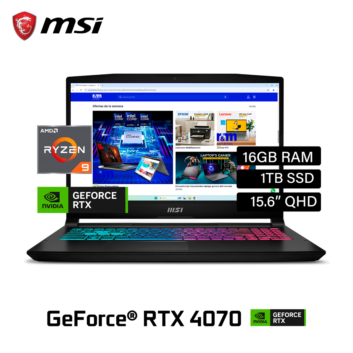 Laptop MSI Katana A15 AI B8VG Ryzen 9 8945HS RAM 16GB Disco 1TB SSD Video Nvidia RTX 4070 8GB 15.6" QHD Windows 11