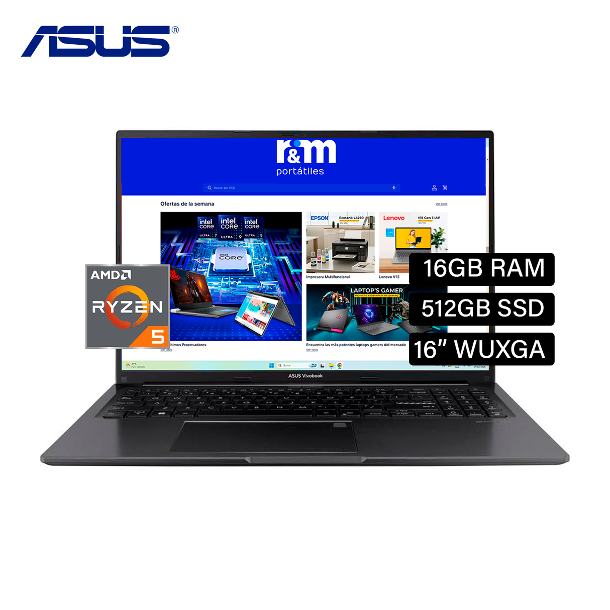 Laptop Asus Vivobook 16 M1605YA-MB582 Ryzen 5 7430U RAM 16GB Disco 512GB SSD 16" WUXGA FreeDos