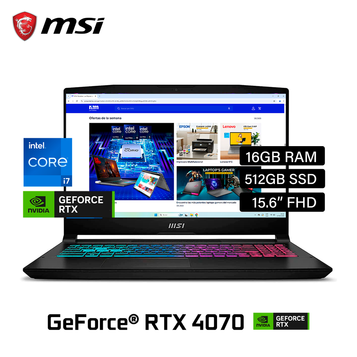 Laptop Msi Katana 15 B13VGK-484US Intel Core i7 13620H Ram 64GB Disco 2TB SSD Video Nvidia RTX 4070 8GB 15.6" FHD Windows 11