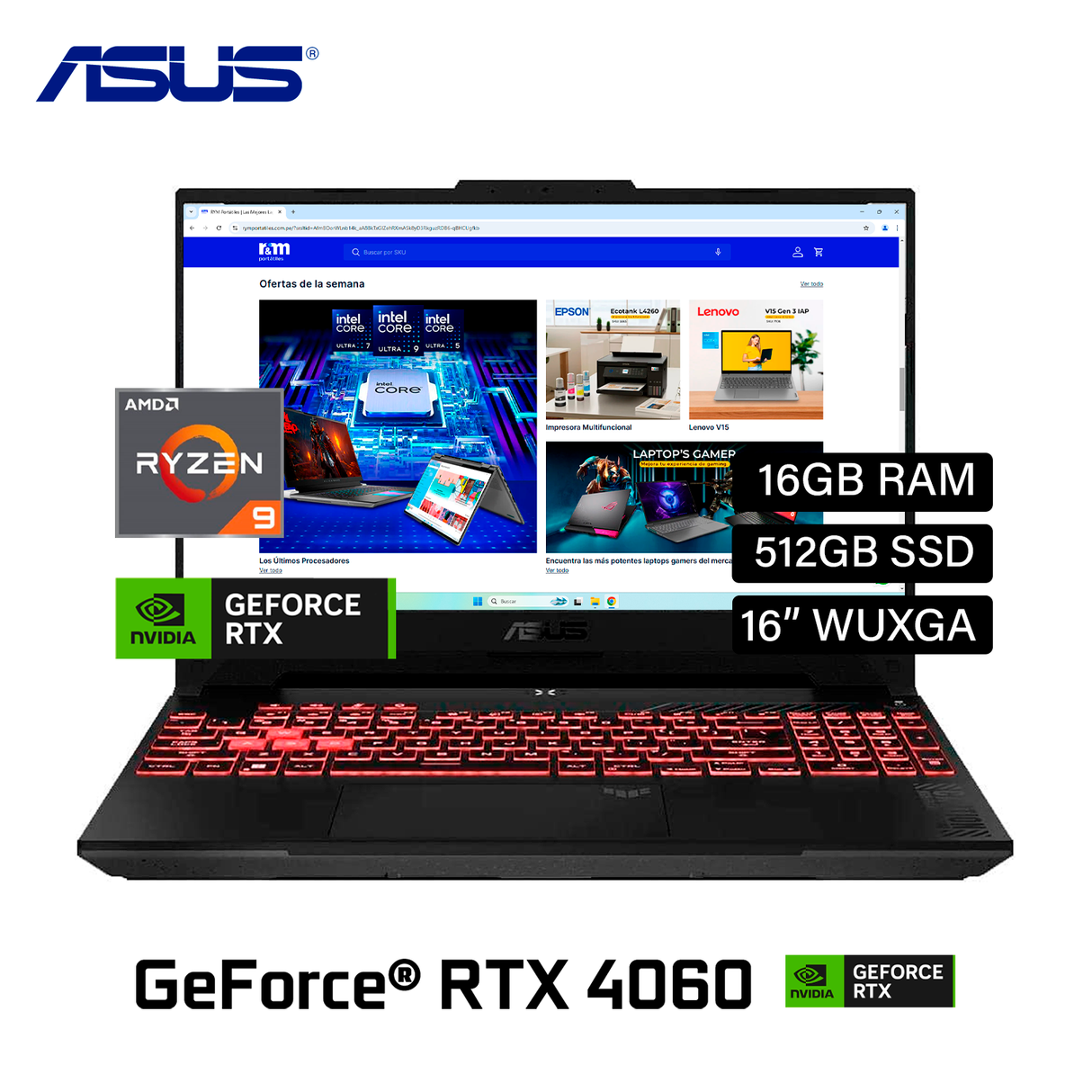 Laptop Asus TUF A16 FA607PV-AS93 Ryzen 9 7940HX RAM 16GB Disco 512GB SSD Video RTX 4060 8GB 16" WUXGA Windows 11