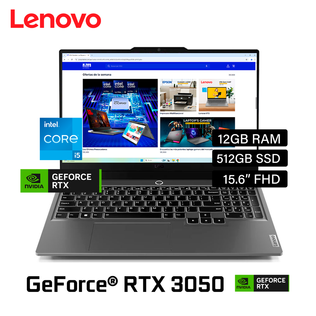 Laptop Lenovo LOQ 15IAX9 Intel Core i5 12450HX RAM 12GB Disco 512GB SSD Video Nvidia RTX 3050 6GB 15.6" FHD FreeDos