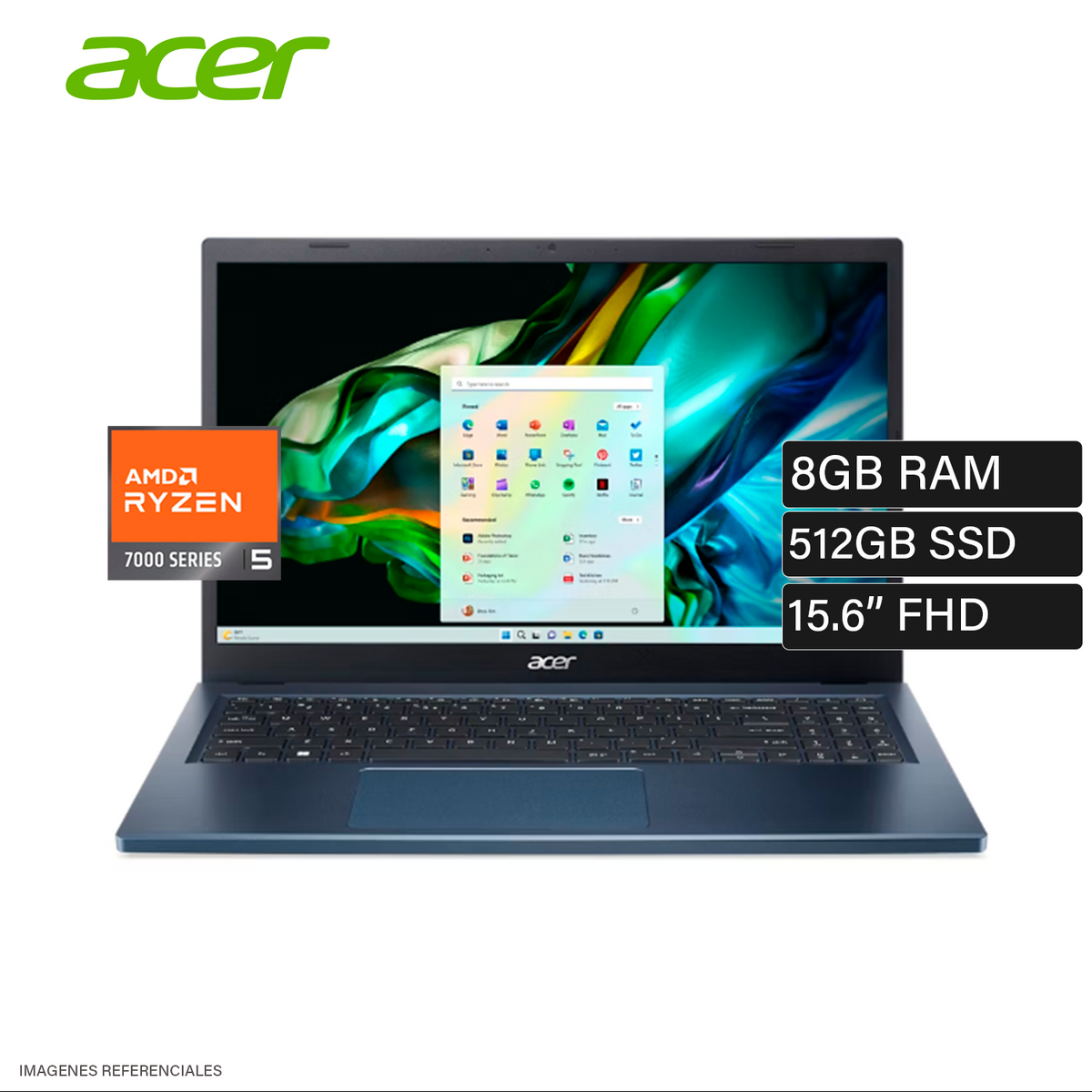 Laptop ACER Aspire 3 A315-24PT-R859 AMD Ryzen 5 7520U RAM 8GB Disco 512GB SSD 15.6" FHD Windows 11 Open Box