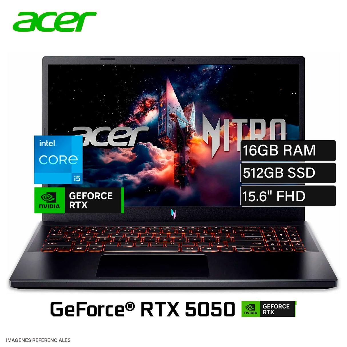 Laptop Acer Nitro V 15 ANV15-52-57BB Intel Core i5-13420H RAM 16GB Disco 512GB SSD NVIDIA RTX 5050 8GB 15.6" FHD Windows 11