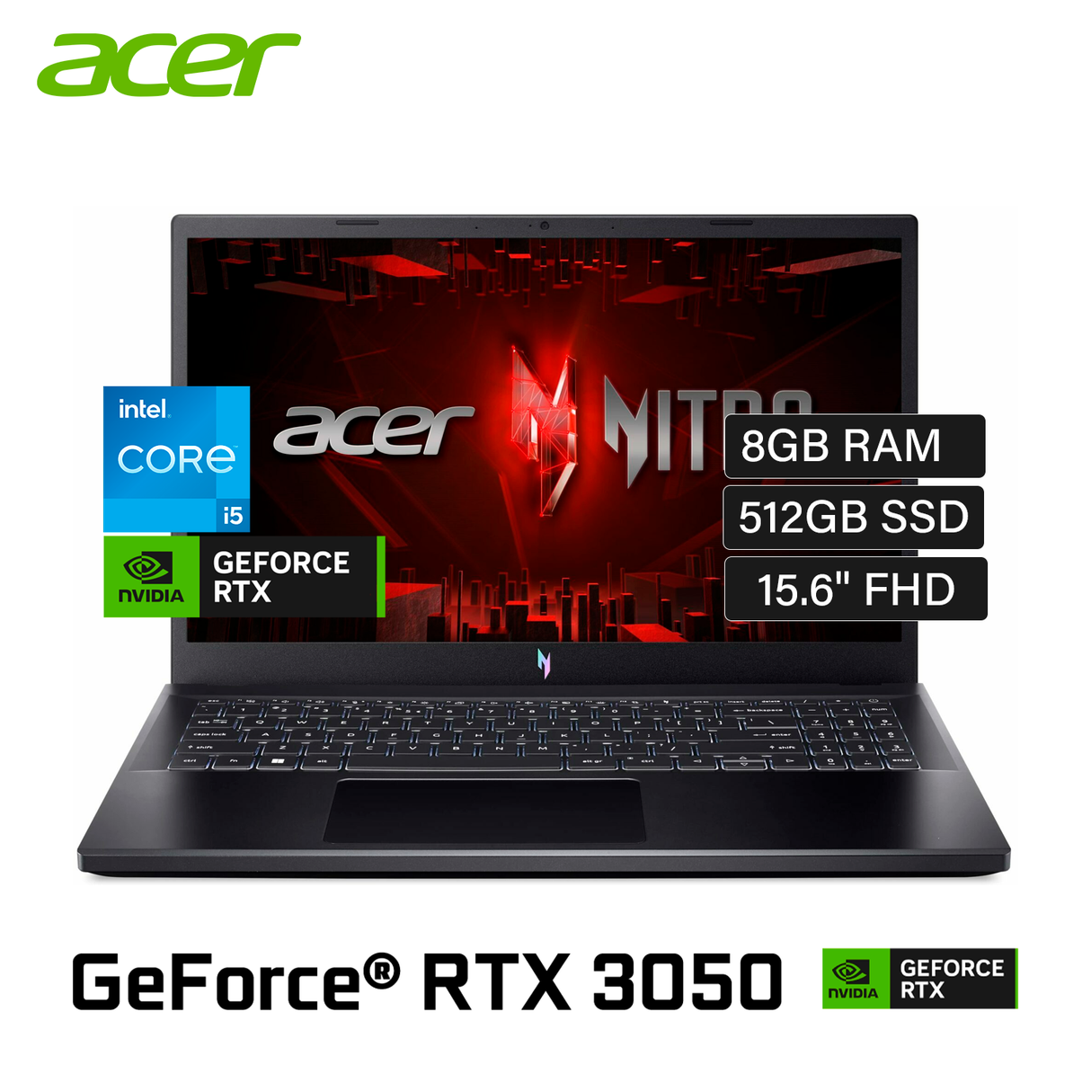 Laptop ACER Nitro V 15 ANV15-51-56GH Intel Core i5 13420H RAM 8GB Disco 512GB SSD Video Nvidia RTX 3050 6GB 15.6" FHD Windows 11