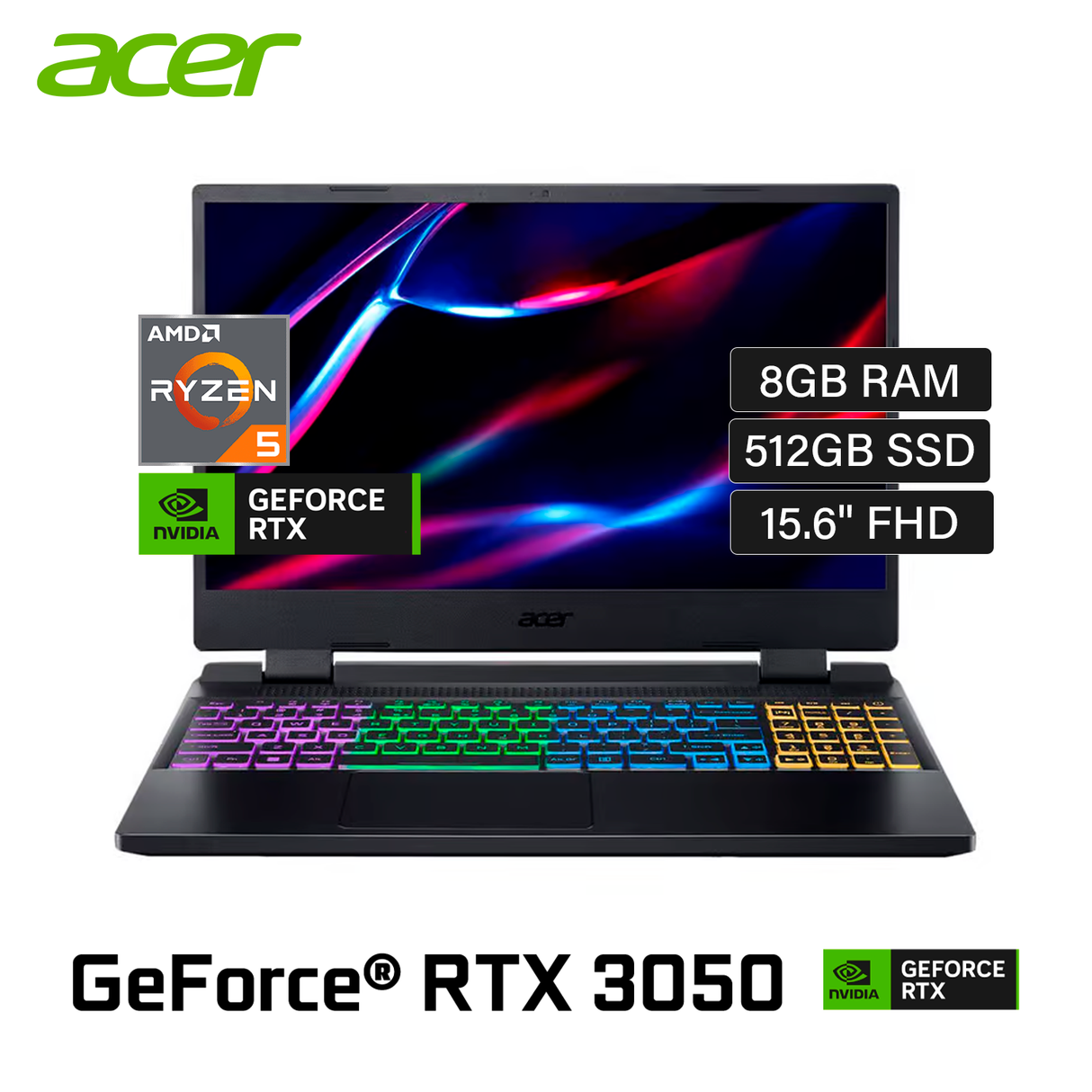 Laptop Acer Nitro 5 5N515-47-R75H Ryzen 5 7535HS RAM 8GB Disco 512GB SSD Video RTX 3050 4GB 15.6" FHD Windows 11