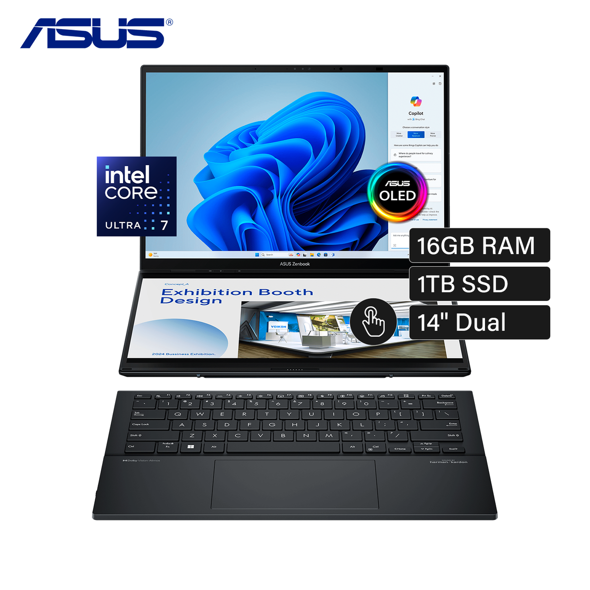 Laptop Asus Zenbook Duo UX806MA-DS76T Core Ultra 7 155H RAM 16GB Disco 1TB SSD 14" Dual WUXGA Táctil Windows 11