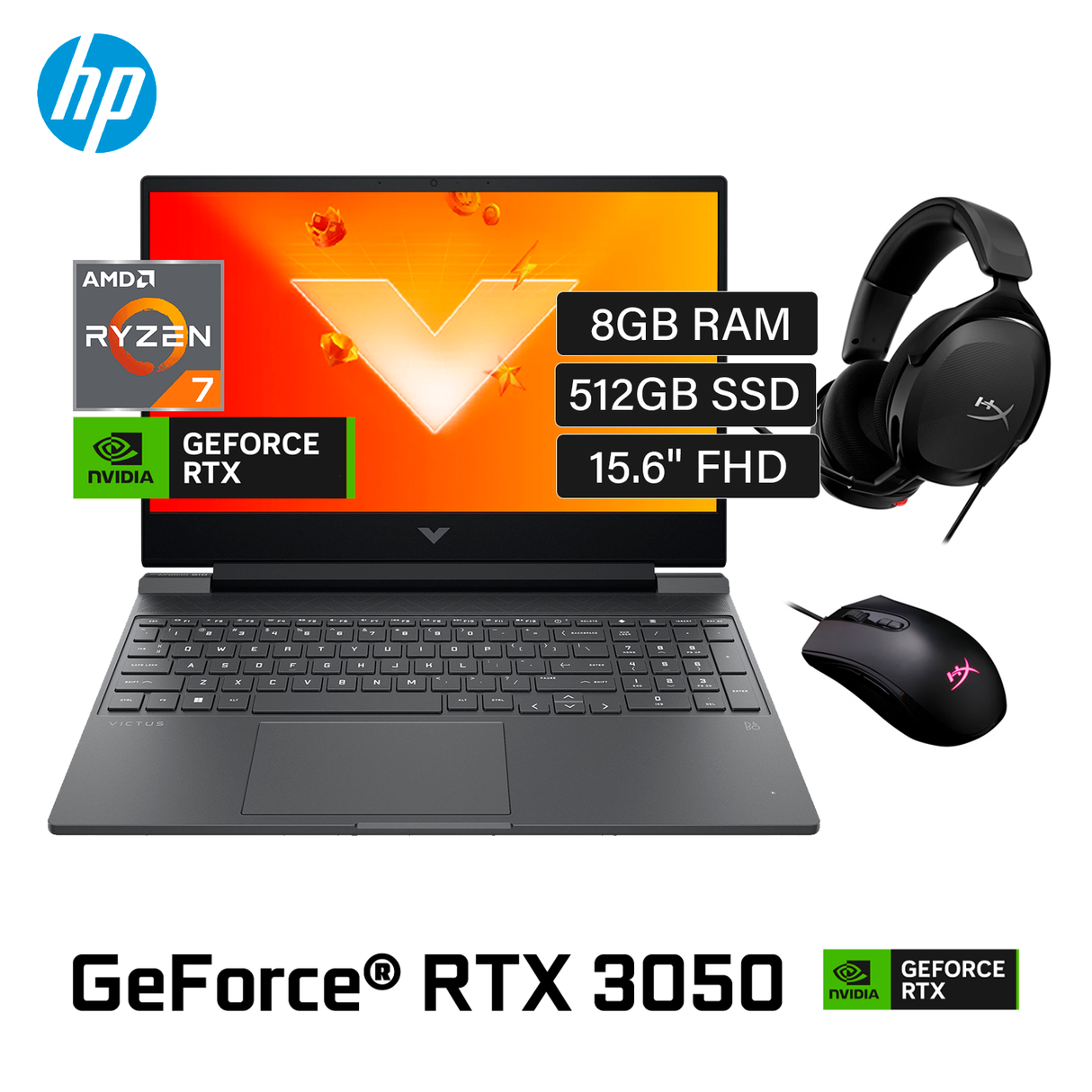 Laptop HP Victus 15-FB0126LA Ryzen 7 5800H Ram 8GB Disco 512GB SSD Video Nvidia RTX 3050 4GB 15.6" FHD Windows 11 + Mouse y Audífonos hyperx