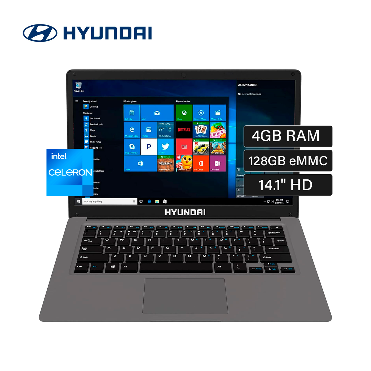 Laptop HYUNDAI Hybook Intel Celeron N4020 RAM 4GB Disco 128GB eMMC 14.1" HD Windows 11 Home Español