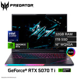Laptop Acer Predator Helios Neo 16 AI PHN16-73-96J3 Intel Core Ultra 9 275HX Ram 32GB Disco 1TB SSD NVIDIA RTX 5070 Ti 12GB 16″ WQXGA OLED FreeDos Teclado Español