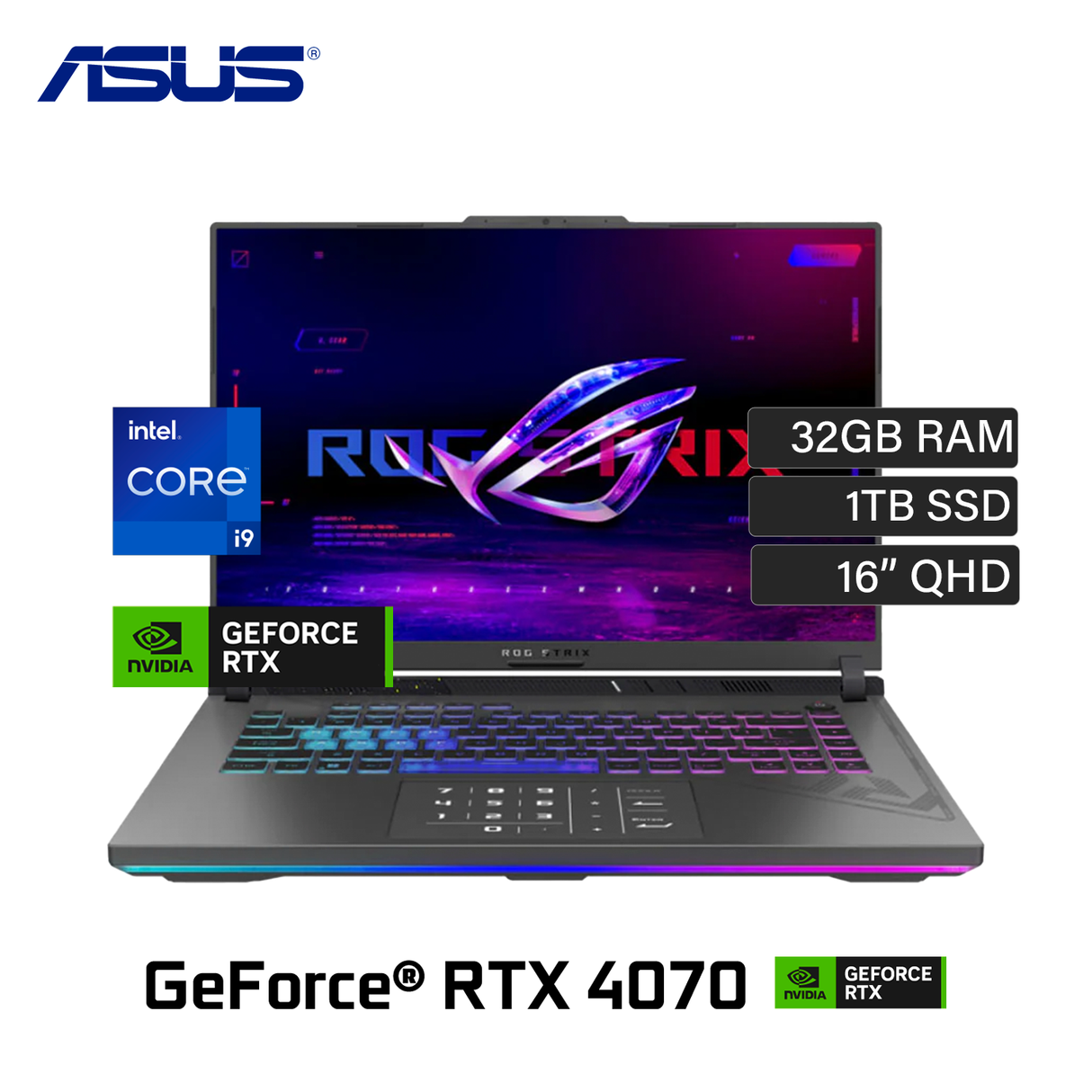 Laptop Asus ROG Strix G16 (2024) G614JIR-XS96 Intel Core i9 14900HX RAM 32GB Disco 1TB SSD Video  Nvidia RTX 4070 8GB 16" QHD