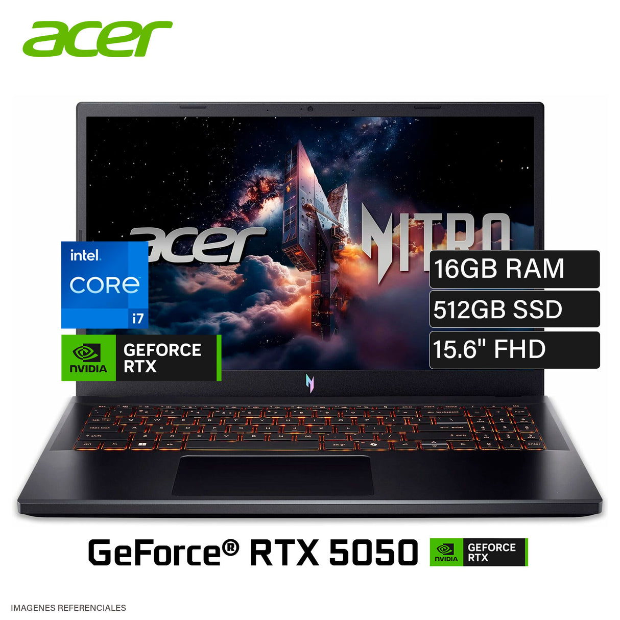 Laptop Acer Nitro V 15 ANV15-52-71JV Intel Core i7-13620H Ram 16GB Disco 512GB SSD NVIDIA RTX 5050 8GB 15.6″ FHD FreeDOS Teclado Español