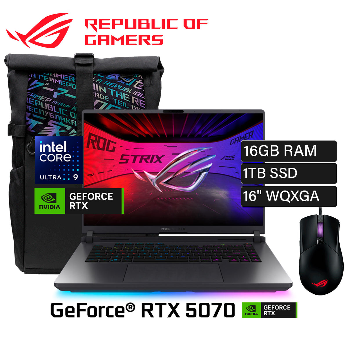 Laptop ASUS ROG Strix G16 G615LP-TS206W Intel Core Ultra 9 290HX Plus Ram 16GB Disco 1TB SSD NVIDIA RTX 5070 8GB 16" WQXGA Windows 11 (90NR0LN1-M009F0) 2 Años de Garantia