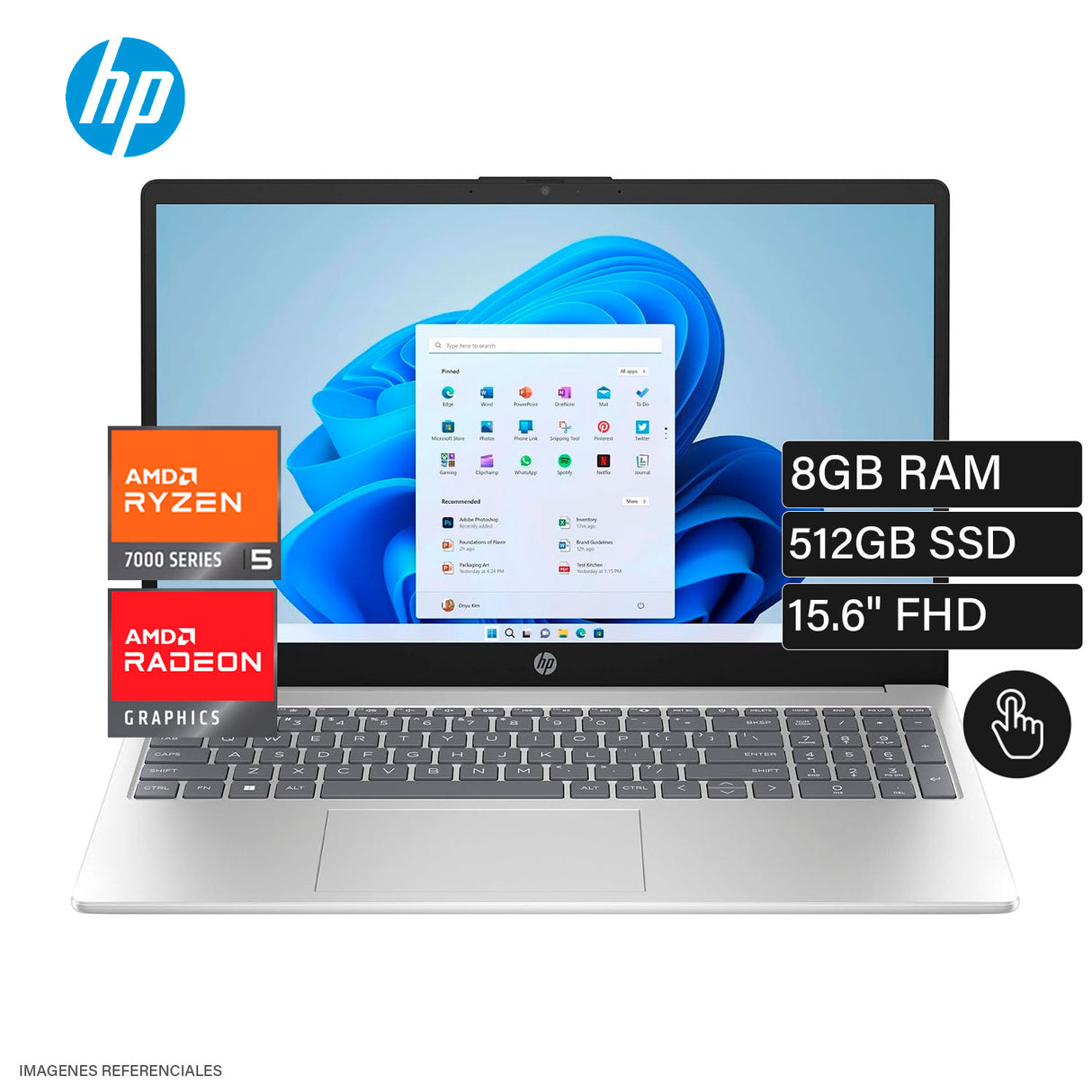 Laptop HP 15 FC0146DX Ryzen 5 7520U Ram 8GB Disco 512GB SSD Gráficos Integrados 15.6″ FHD Táctil Windows 11