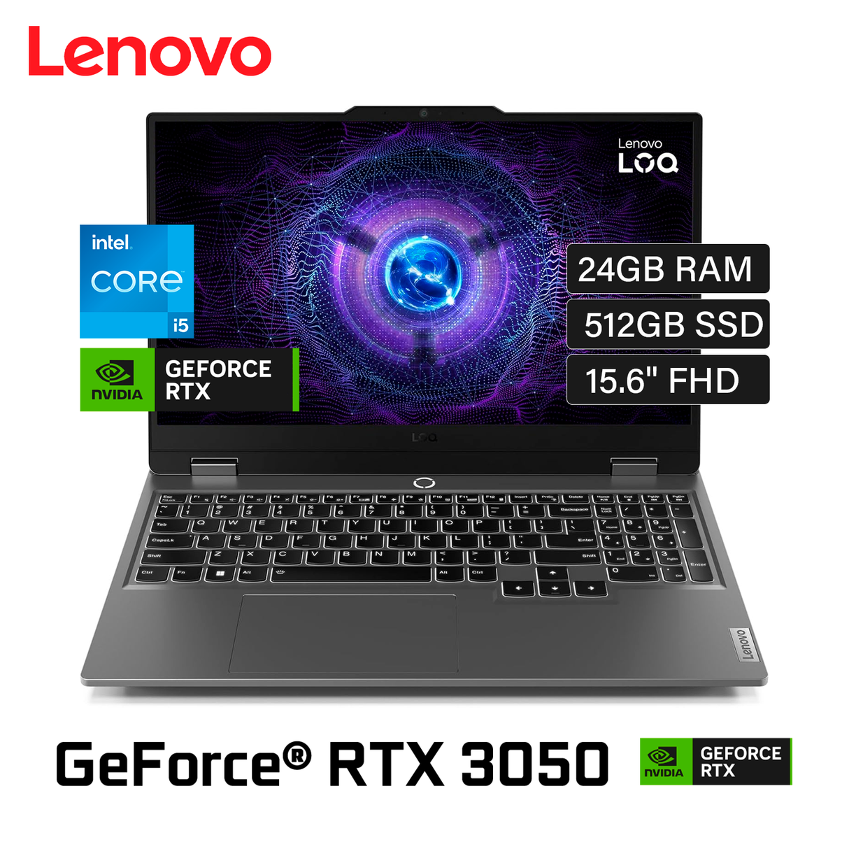 Laptop Lenovo LOQ 15IAX9 Intel Core i5 12450HX RAM 24GB Disco 512GB SSD Video RTX 3050 6GB 15.6" FHD FreeDos