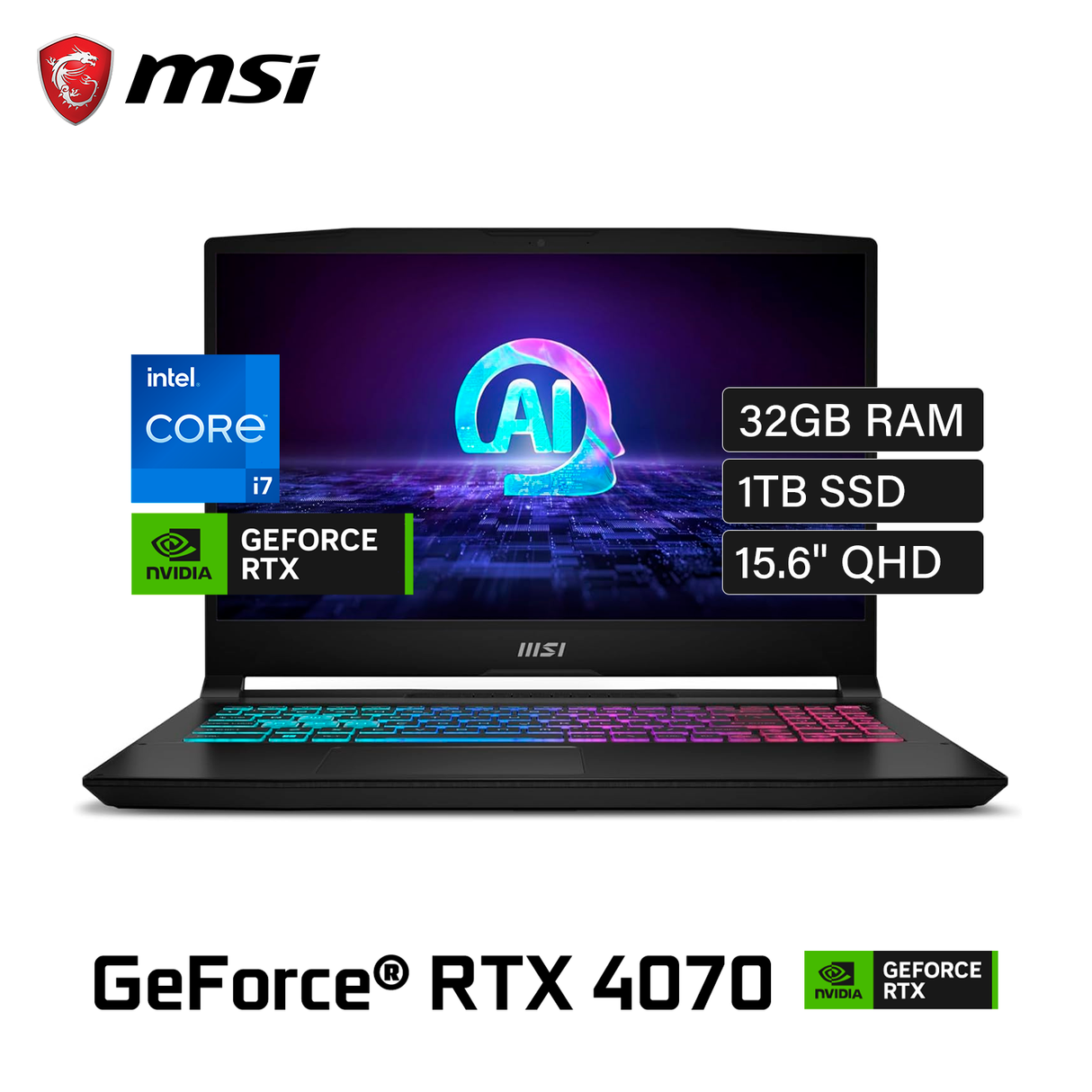 Laptop MSI Katana A15 AI B8VG Ryzen 9 8945HS RAM 32GB Disco 1TB SSD Video Nvidia RTX 4070 8GB 15.6" QHD Windows 11